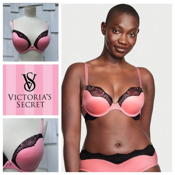 Victoria's Secret Very Sexy Push Up Bra Pink Black Lace Underwire‎ Size 34DD - Picture 1 of 8